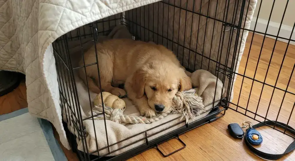 A tired puppy peacefully resting in a cozy crate with a favorite chew toy after training