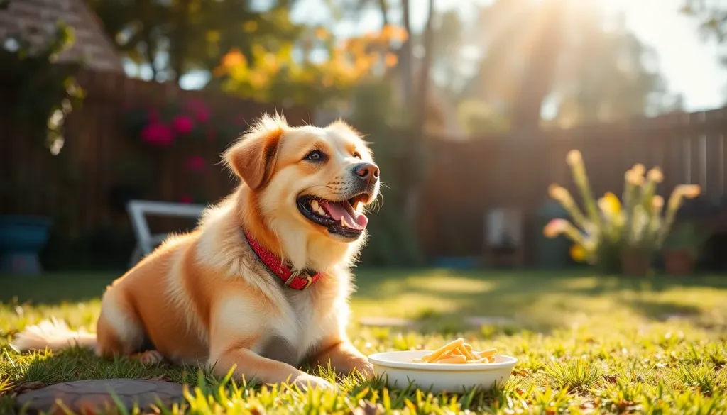 A happy dog sitting in a sunny yard waiting for food