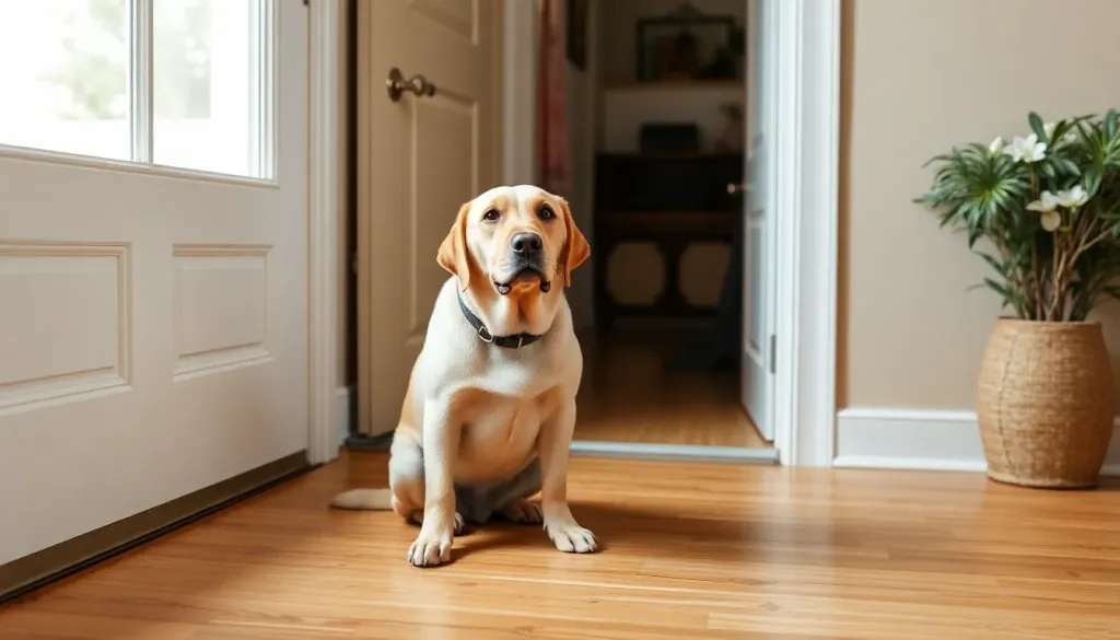A well-trained labrador retriever sitting calmly with all four paws on the floor while greeting a visitor at the door, demonstrating proper polite greeting behavior