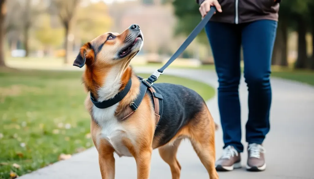 A calm dog wearing a front-clip harness walking beside their owner in a quiet park setting, demonstrating proper loose leash walking position with the dog looking up at the owner attentively