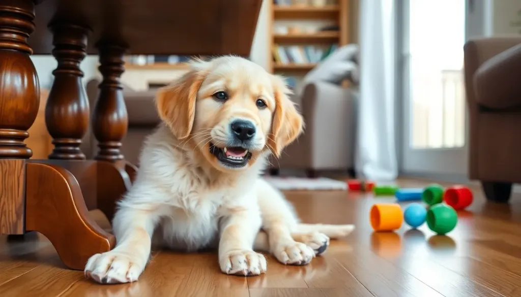 A young golden retriever puppy chewing enthusiastically on a wooden table leg while sitting on a living room floor with scattered toys around