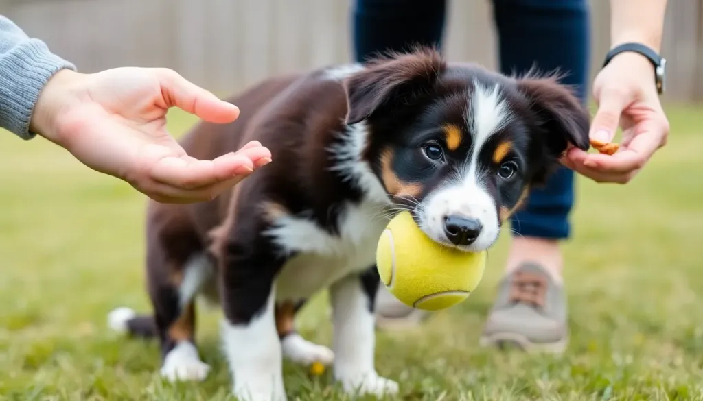 A focused border collie puppy dropping a tennis ball from its mouth in response to owner's hand signal, with a training treat visible in the owner's other hand