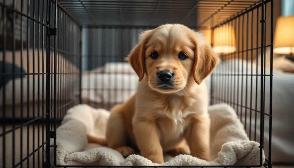 A young golden retriever puppy sitting inside a comfortable wire crate with soft bedding, looking calm and content in a dimly lit bedroom setting
