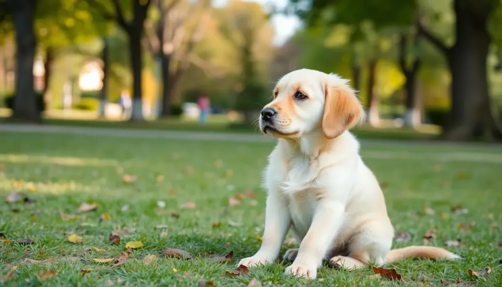 A confused golden retriever puppy sitting in a park looking away from its owner, illustrating distraction during recall training