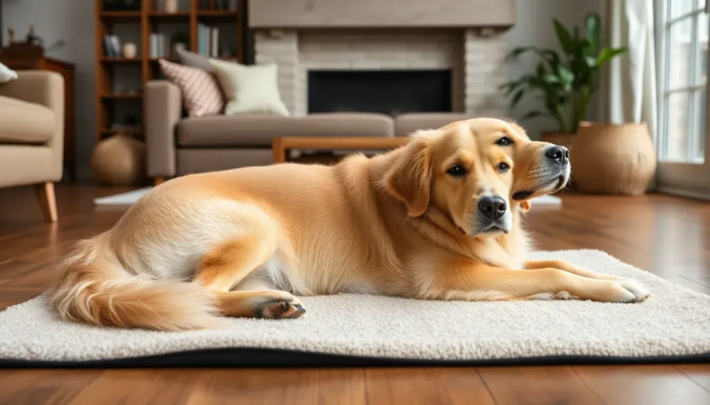 A calm golden retriever lying on a soft mat in a peaceful living room, demonstrating relaxed body language with weight shifted to one hip