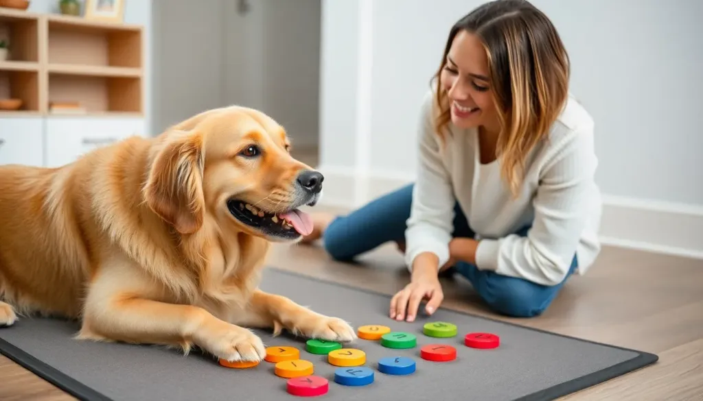 A happy golden retriever pressing colorful communication buttons arranged on a mat on the floor while their owner watches attentively and smiles