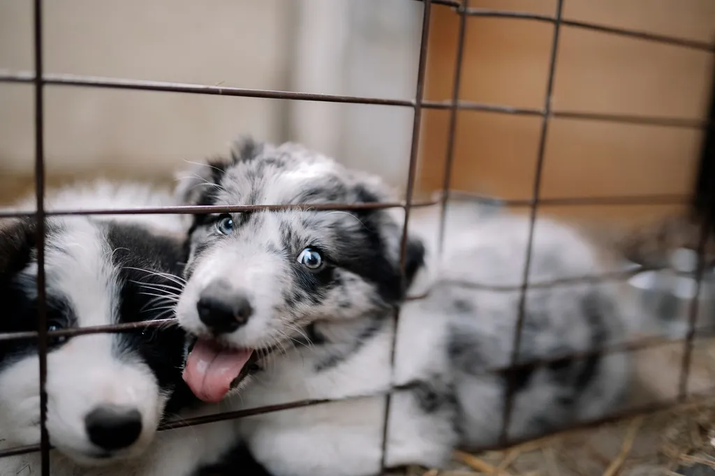 A border collie learning to press a blue communication button labeled outside with their paw while receiving a treat from their trainer's hand