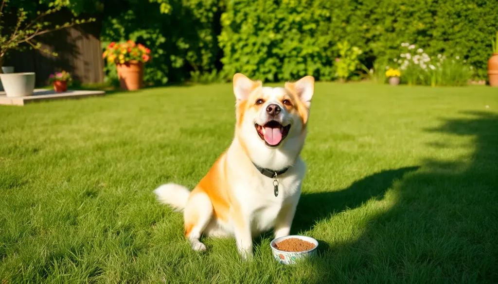 A happy dog sitting in a sunny yard waiting for food