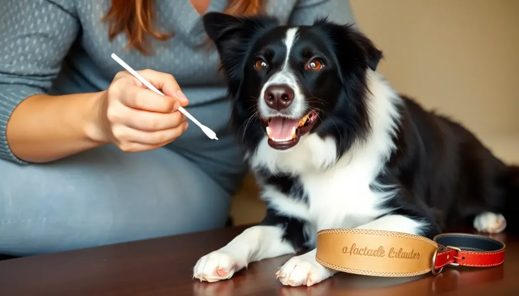 A happy Border Collie sitting patiently while their owner carefully applies a cream treatment between the toes with a cotton swab, with an Elizabethan collar resting nearby on the table