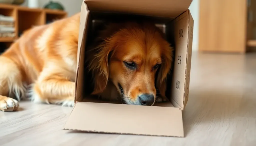 A happy golden retriever intensely sniffing inside an open cardboard box during an indoor scent work training session
