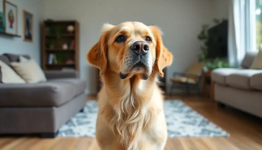 An elderly golden retriever with graying muzzle looking confused while standing in a living room, illustrating the disorientation common in canine cognitive dysfunction