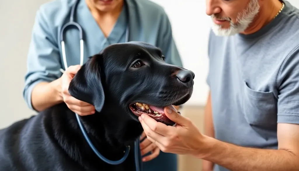 A veterinarian examining an elderly black Labrador with a stethoscope while the concerned owner watches, representing the importance of professional diagnosis for dog dementia