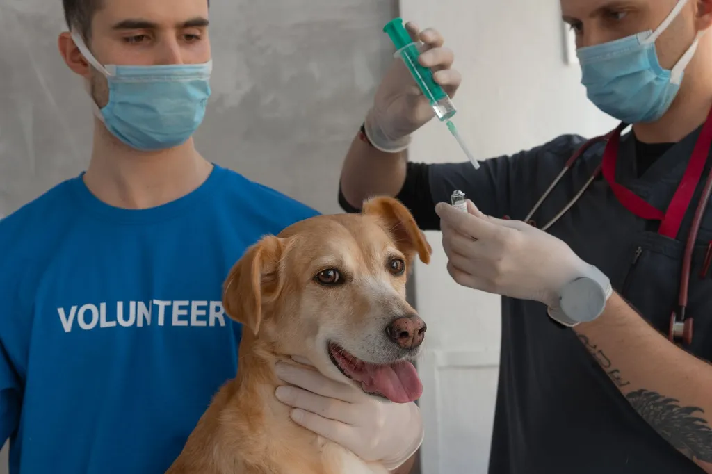 A concerned veterinarian examining a Labrador retriever's teeth with a dental mirror, with X-rays showing tooth fractures and various safe versus unsafe treats displayed on a examination table