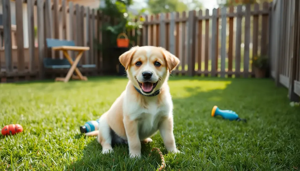 A happy puppy sitting safely in a clean, private fenced backyard with green grass, under supervision, with toys scattered around
