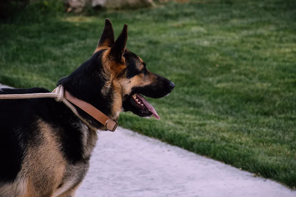 A well-equipped puppy wearing a properly fitted harness and leash, with a portable water bowl and dog first aid kit displayed nearby on grass