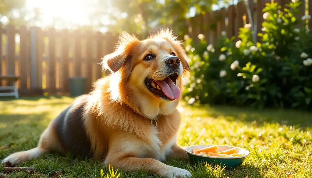 A happy dog sitting in a sunny yard waiting for food