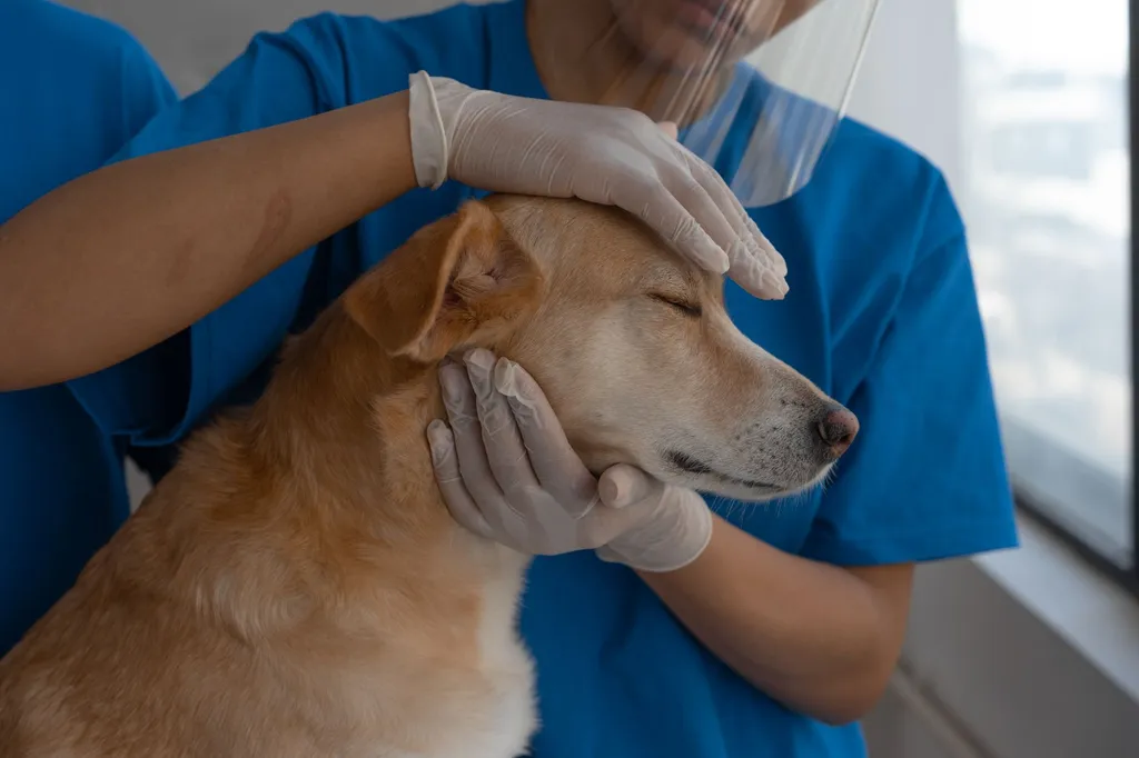 Veterinarian examining a beagle dog's skin with patchy hair loss using a dermatoscope while checking for fungal infections and mites