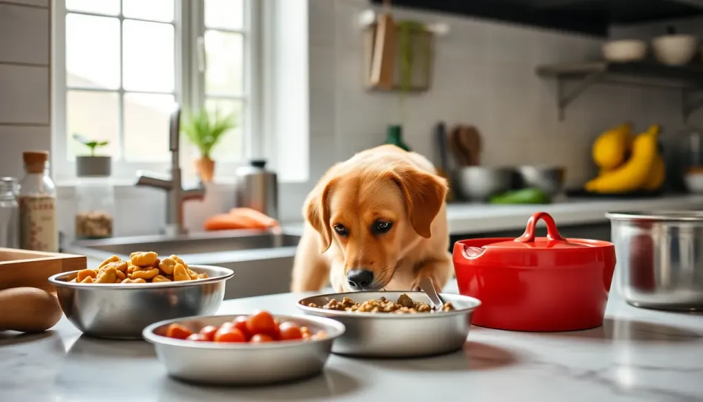 Preparing healthy organic dog meals in a clean kitchen